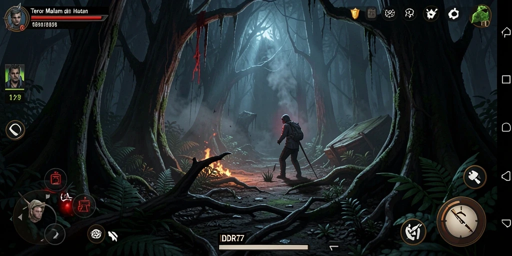 Screenshot menampilkan gameplay menegangkan dalam hutan gelap.