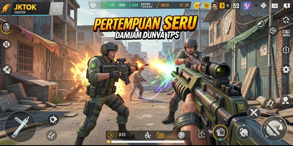 Screenshot menunjukkan karakter dalam aksi pertempuran TPS.
