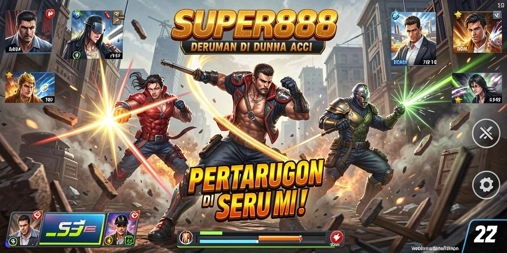 Gameplay <strong>SUPER88</strong> menunjukkan pertarungan seru antara karakter dengan kombinasi serangan.