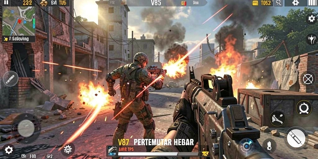 Gameplay seru V87 dengan aksi tembak-menembak yang intens.